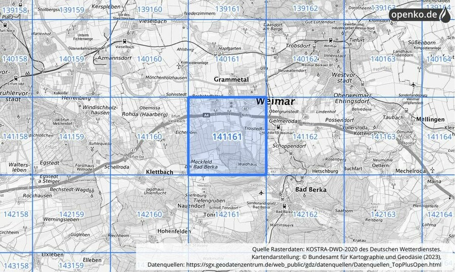 Übersichtskarte des KOSTRA-DWD-2020-Rasterfeldes Nr. 141161