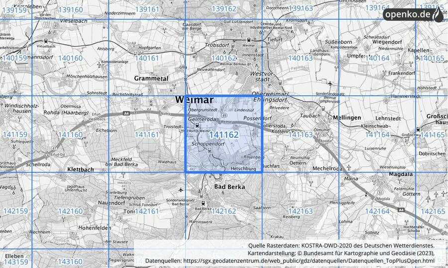 Übersichtskarte des KOSTRA-DWD-2020-Rasterfeldes Nr. 141162