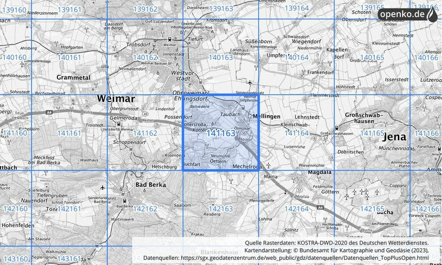 Übersichtskarte des KOSTRA-DWD-2020-Rasterfeldes Nr. 141163