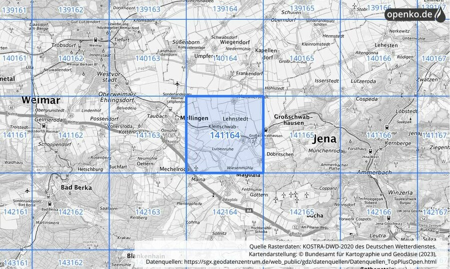 Übersichtskarte des KOSTRA-DWD-2020-Rasterfeldes Nr. 141164