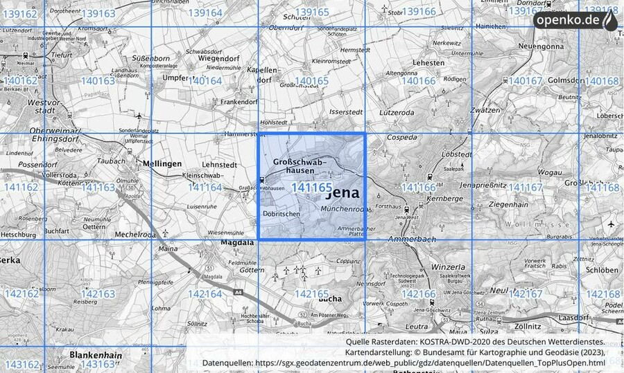 Übersichtskarte des KOSTRA-DWD-2020-Rasterfeldes Nr. 141165