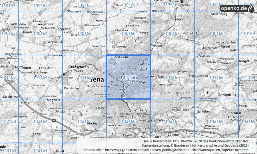 Übersichtskarte des KOSTRA-DWD-2020-Rasterfeldes Nr. 141166