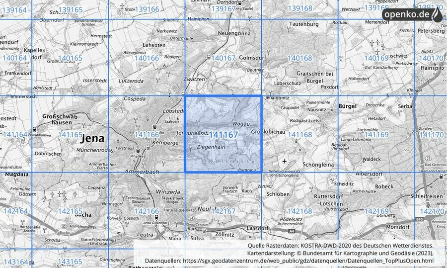 Übersichtskarte des KOSTRA-DWD-2020-Rasterfeldes Nr. 141167