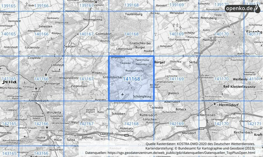 Übersichtskarte des KOSTRA-DWD-2020-Rasterfeldes Nr. 141168