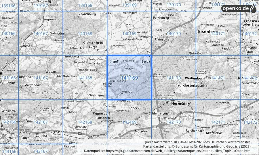 Übersichtskarte des KOSTRA-DWD-2020-Rasterfeldes Nr. 141169