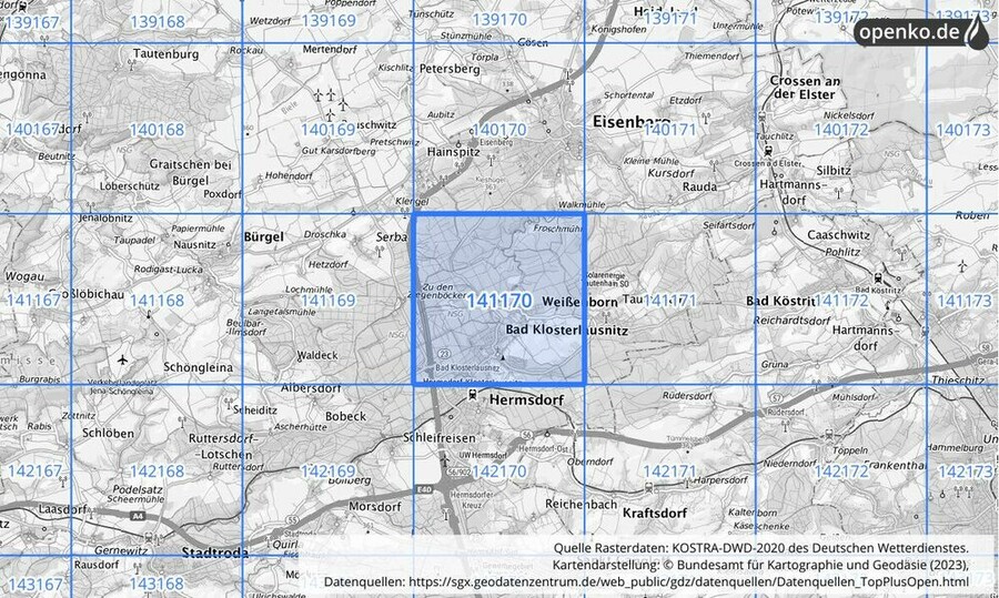 Übersichtskarte des KOSTRA-DWD-2020-Rasterfeldes Nr. 141170