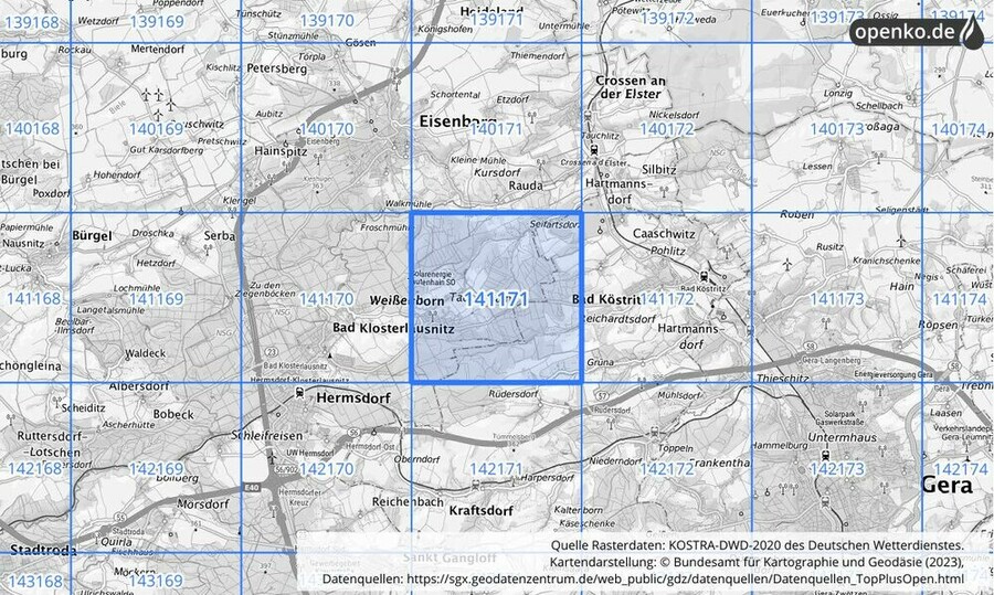 Übersichtskarte des KOSTRA-DWD-2020-Rasterfeldes Nr. 141171