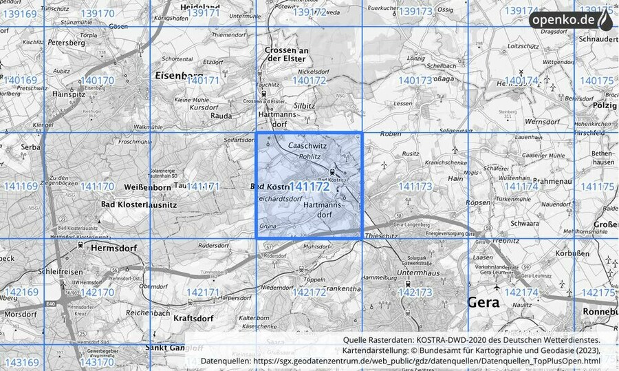 Übersichtskarte des KOSTRA-DWD-2020-Rasterfeldes Nr. 141172