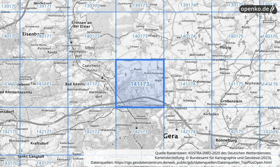 Übersichtskarte des KOSTRA-DWD-2020-Rasterfeldes Nr. 141173