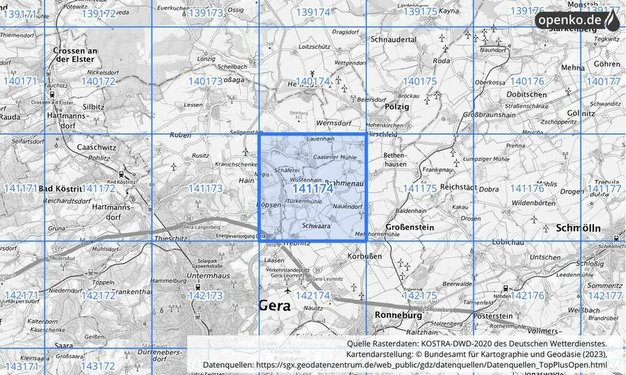 Übersichtskarte des KOSTRA-DWD-2020-Rasterfeldes Nr. 141174