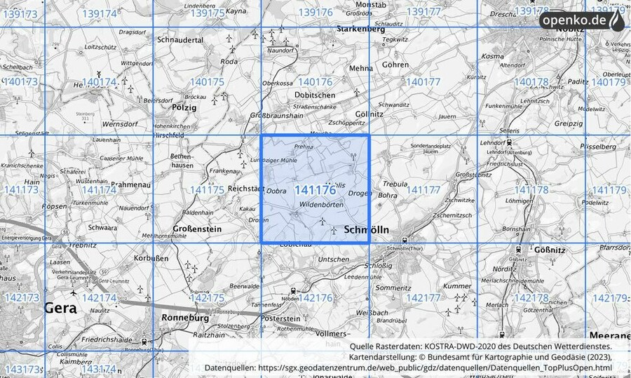 Übersichtskarte des KOSTRA-DWD-2020-Rasterfeldes Nr. 141176