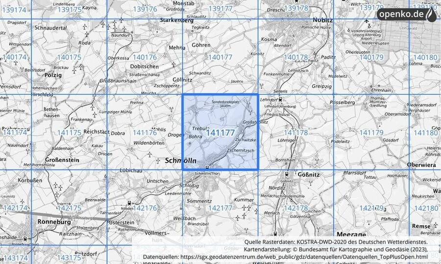 Übersichtskarte des KOSTRA-DWD-2020-Rasterfeldes Nr. 141177