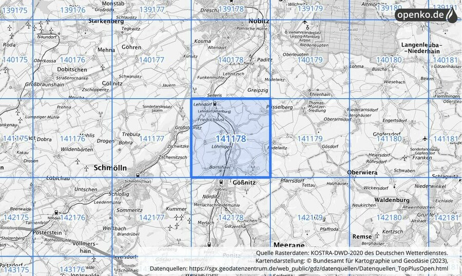 Übersichtskarte des KOSTRA-DWD-2020-Rasterfeldes Nr. 141178