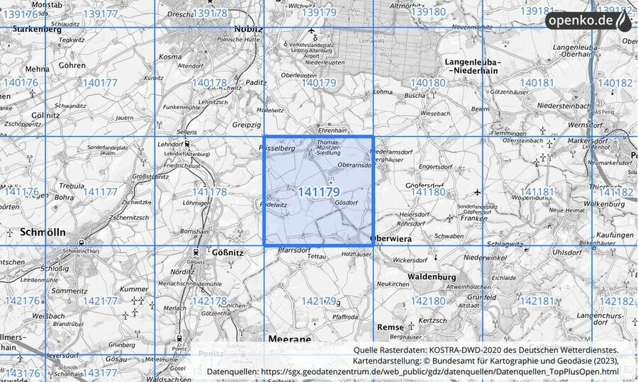 Übersichtskarte des KOSTRA-DWD-2020-Rasterfeldes Nr. 141179