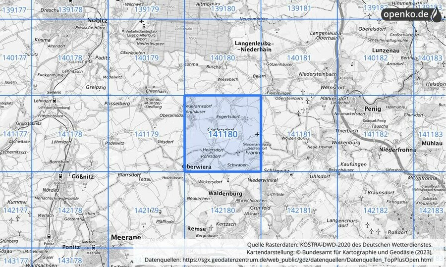 Übersichtskarte des KOSTRA-DWD-2020-Rasterfeldes Nr. 141180