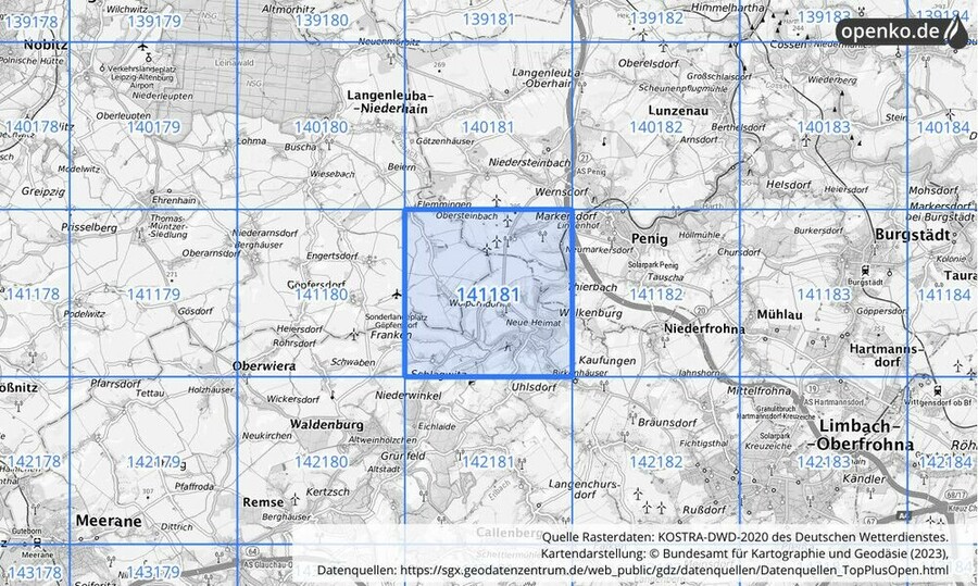 Übersichtskarte des KOSTRA-DWD-2020-Rasterfeldes Nr. 141181