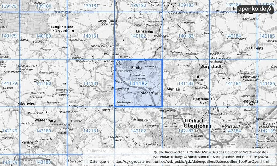 Übersichtskarte des KOSTRA-DWD-2020-Rasterfeldes Nr. 141182