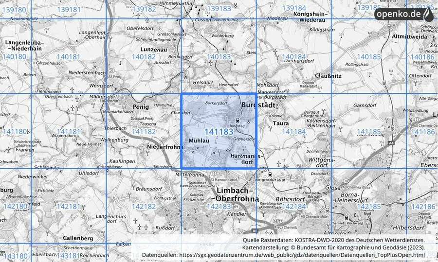 Übersichtskarte des KOSTRA-DWD-2020-Rasterfeldes Nr. 141183