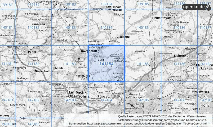 Übersichtskarte des KOSTRA-DWD-2020-Rasterfeldes Nr. 141184