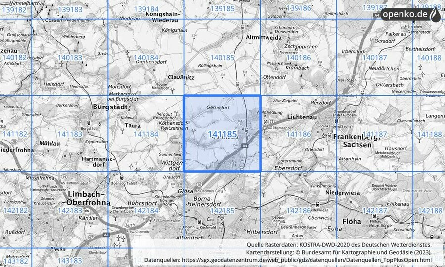 Übersichtskarte des KOSTRA-DWD-2020-Rasterfeldes Nr. 141185