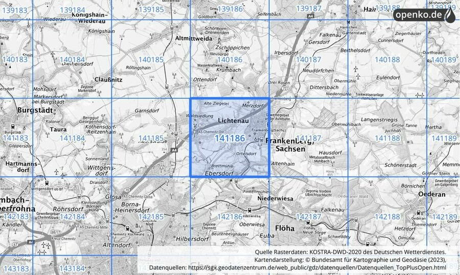 Übersichtskarte des KOSTRA-DWD-2020-Rasterfeldes Nr. 141186