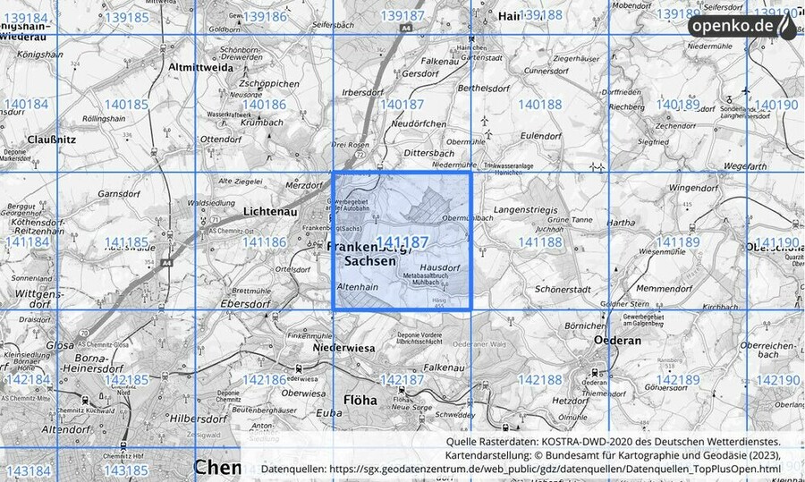 Übersichtskarte des KOSTRA-DWD-2020-Rasterfeldes Nr. 141187