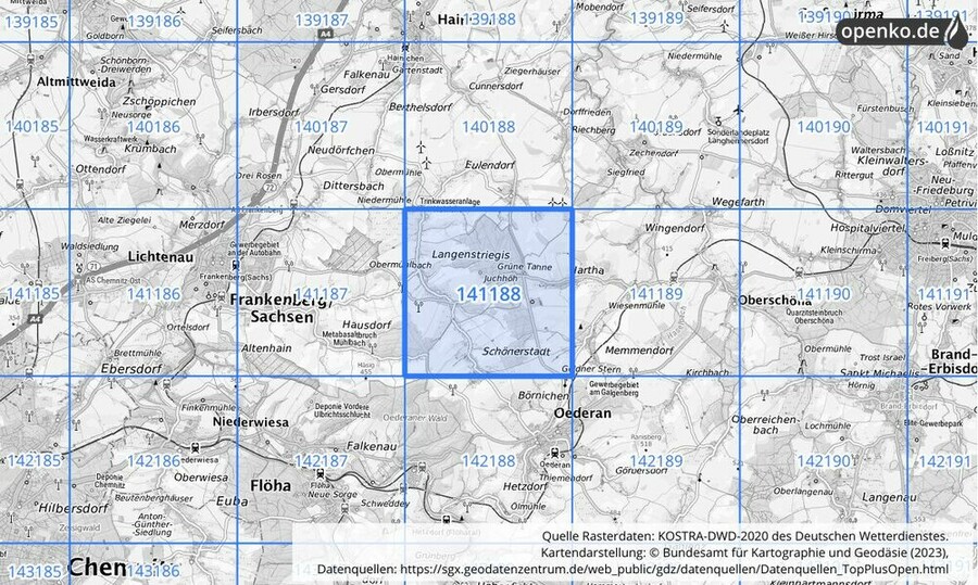 Übersichtskarte des KOSTRA-DWD-2020-Rasterfeldes Nr. 141188