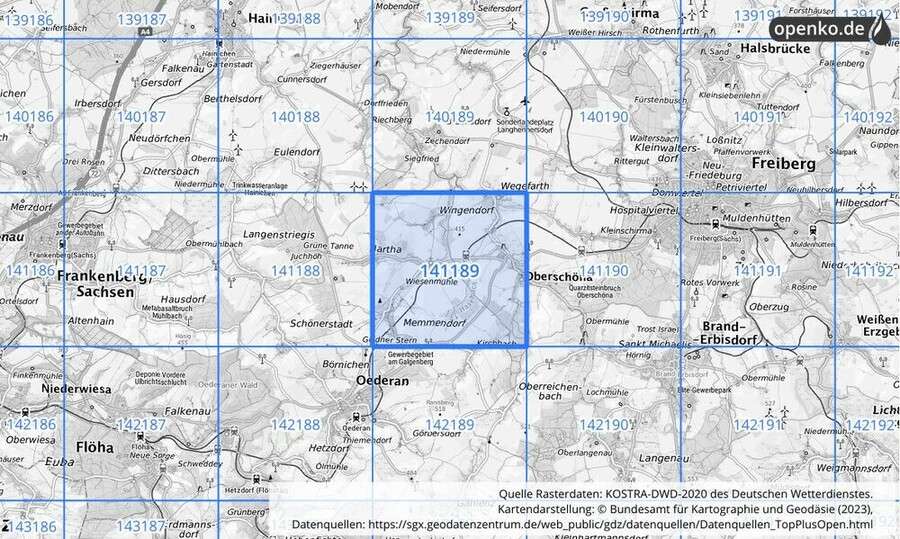 Übersichtskarte des KOSTRA-DWD-2020-Rasterfeldes Nr. 141189