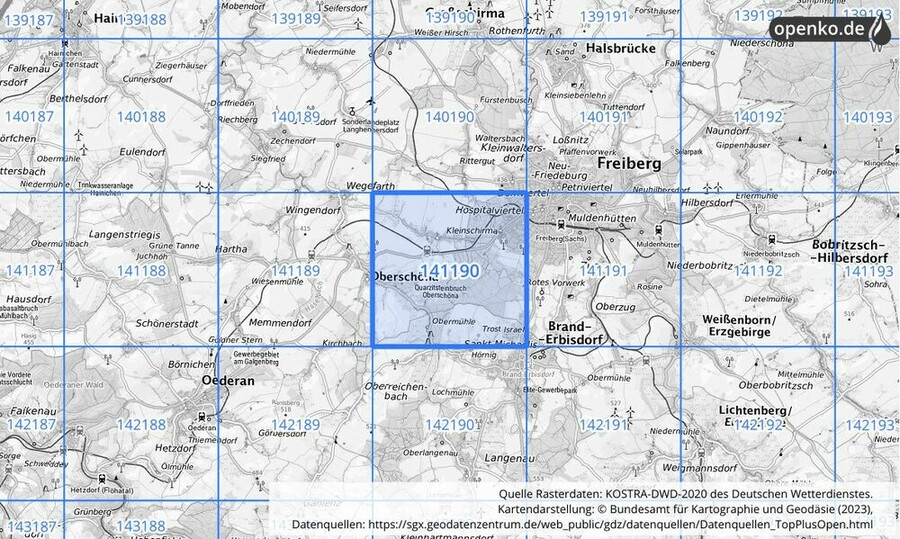 Übersichtskarte des KOSTRA-DWD-2020-Rasterfeldes Nr. 141190