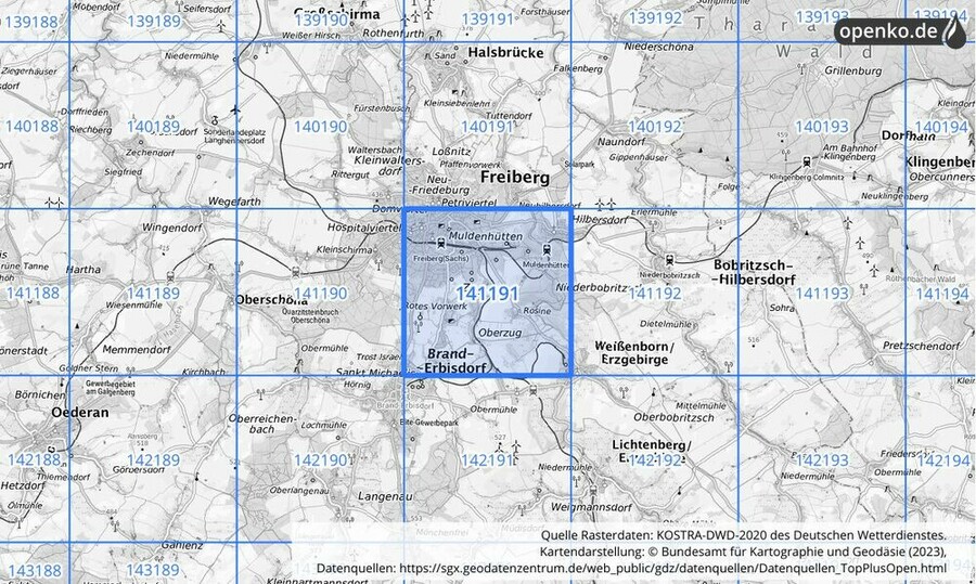 Übersichtskarte des KOSTRA-DWD-2020-Rasterfeldes Nr. 141191