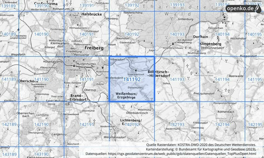 Übersichtskarte des KOSTRA-DWD-2020-Rasterfeldes Nr. 141192