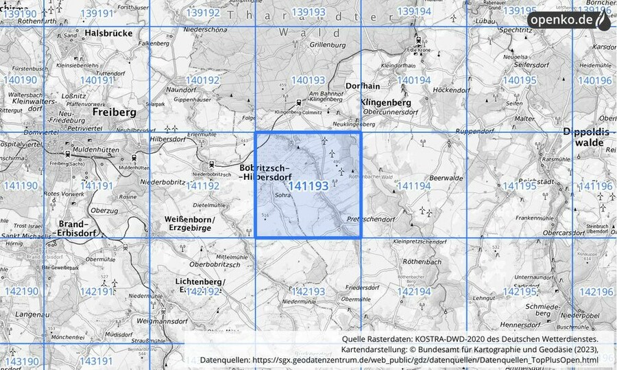 Übersichtskarte des KOSTRA-DWD-2020-Rasterfeldes Nr. 141193