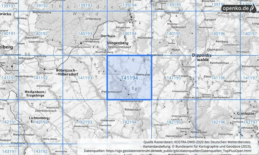 Übersichtskarte des KOSTRA-DWD-2020-Rasterfeldes Nr. 141194