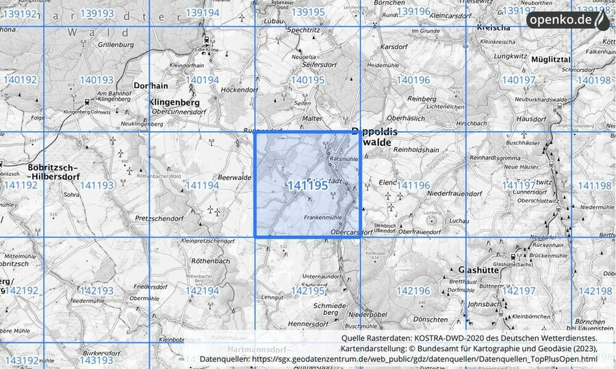 Übersichtskarte des KOSTRA-DWD-2020-Rasterfeldes Nr. 141195