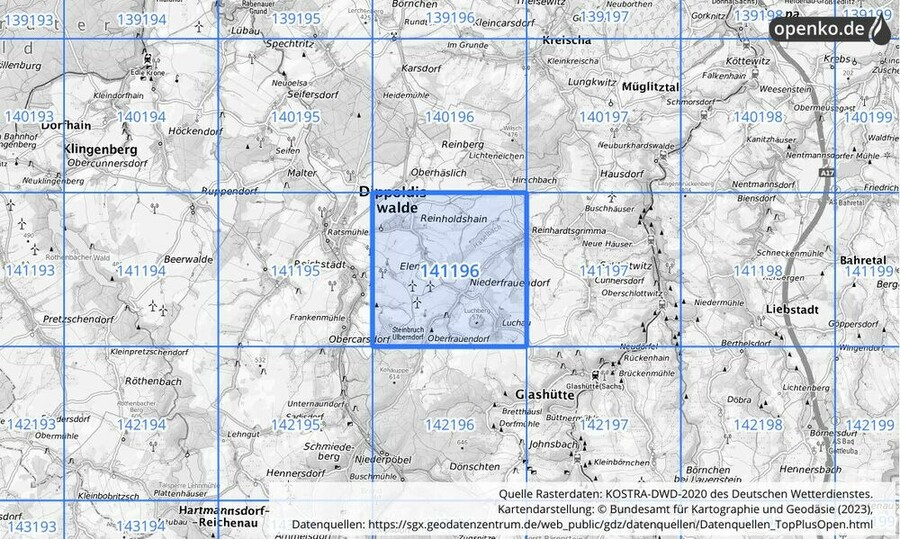 Übersichtskarte des KOSTRA-DWD-2020-Rasterfeldes Nr. 141196