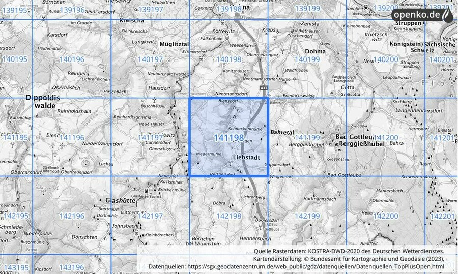 Übersichtskarte des KOSTRA-DWD-2020-Rasterfeldes Nr. 141198