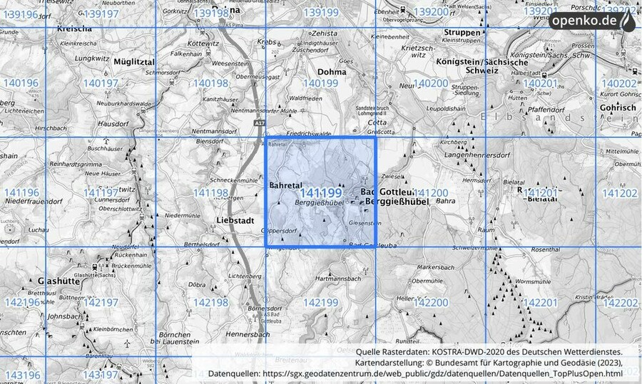 Übersichtskarte des KOSTRA-DWD-2020-Rasterfeldes Nr. 141199