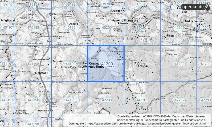 Übersichtskarte des KOSTRA-DWD-2020-Rasterfeldes Nr. 141200