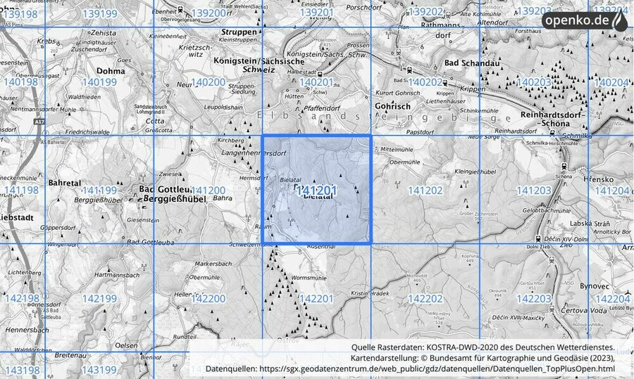 Übersichtskarte des KOSTRA-DWD-2020-Rasterfeldes Nr. 141201