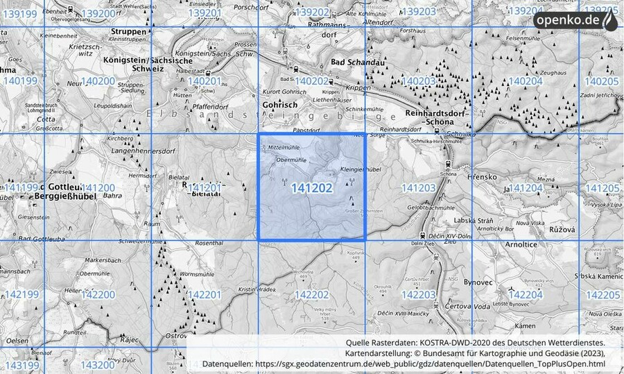 Übersichtskarte des KOSTRA-DWD-2020-Rasterfeldes Nr. 141202