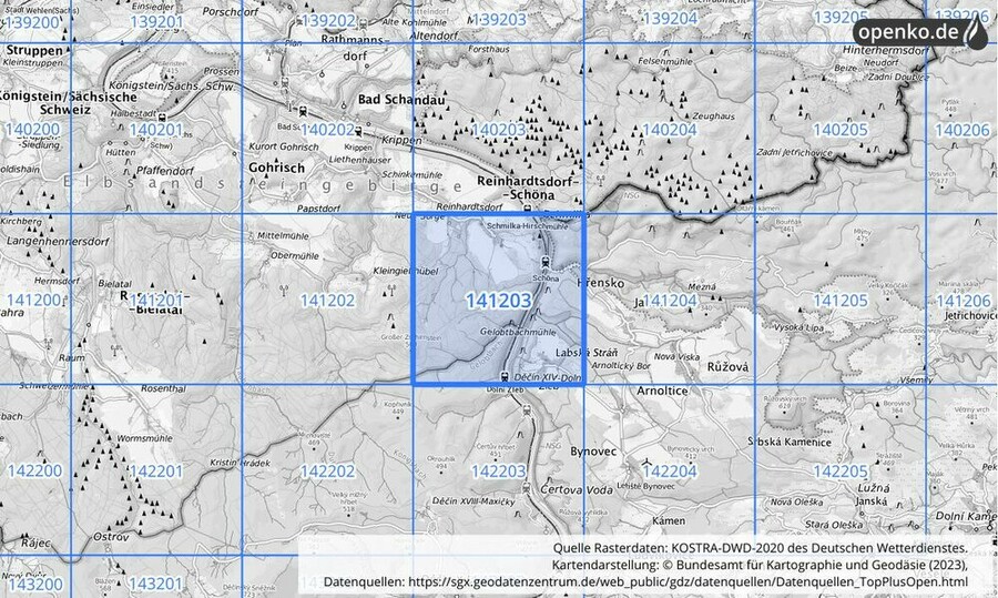 Übersichtskarte des KOSTRA-DWD-2020-Rasterfeldes Nr. 141203