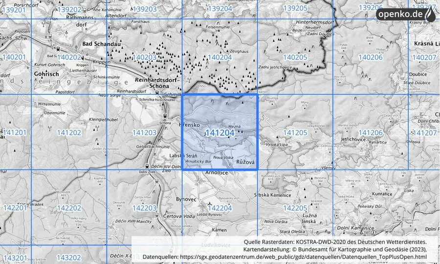 Übersichtskarte des KOSTRA-DWD-2020-Rasterfeldes Nr. 141204