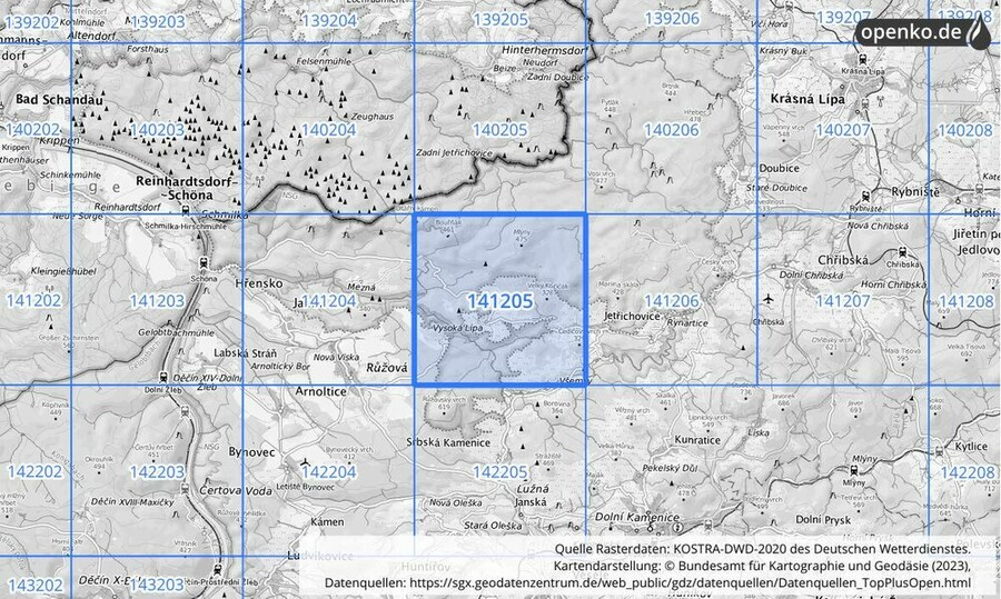 Übersichtskarte des KOSTRA-DWD-2020-Rasterfeldes Nr. 141205