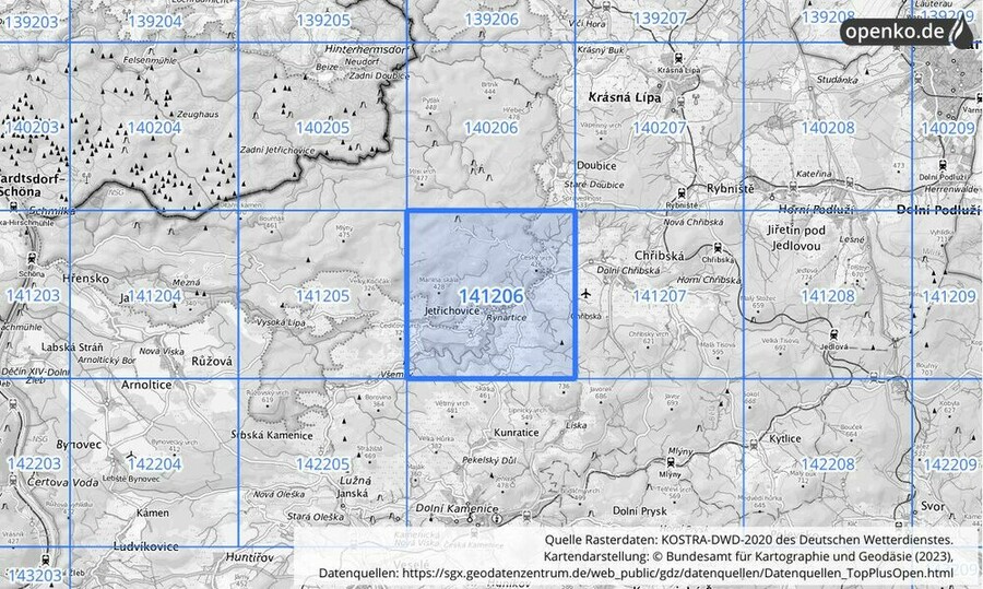 Übersichtskarte des KOSTRA-DWD-2020-Rasterfeldes Nr. 141206