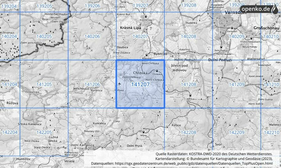 Übersichtskarte des KOSTRA-DWD-2020-Rasterfeldes Nr. 141207