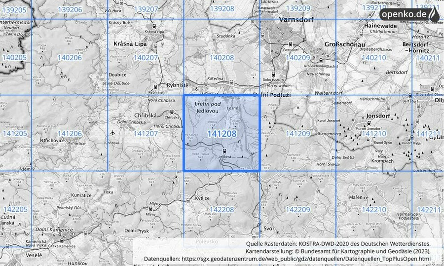 Übersichtskarte des KOSTRA-DWD-2020-Rasterfeldes Nr. 141208