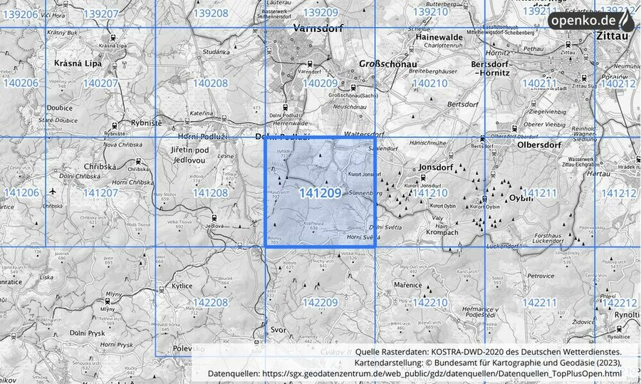 Übersichtskarte des KOSTRA-DWD-2020-Rasterfeldes Nr. 141209