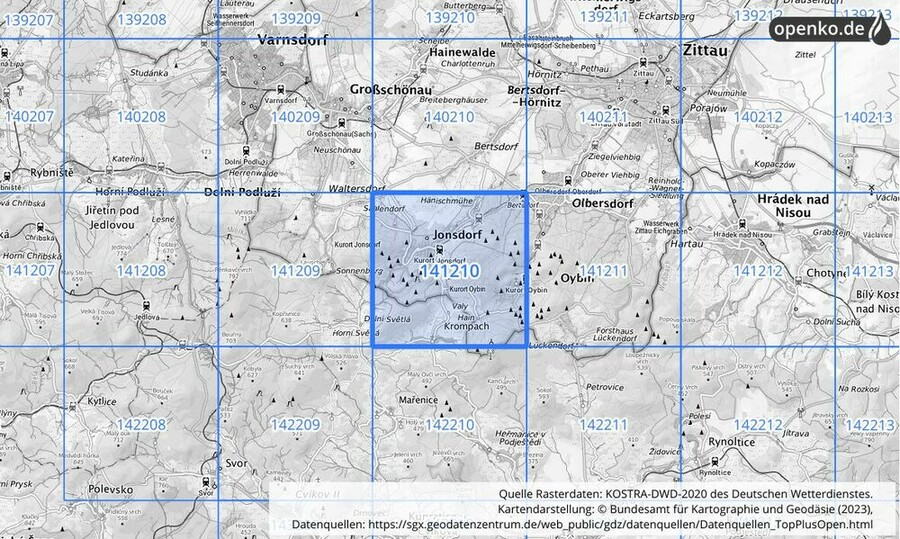 Übersichtskarte des KOSTRA-DWD-2020-Rasterfeldes Nr. 141210