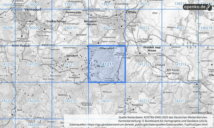 Übersichtskarte des KOSTRA-DWD-2020-Rasterfeldes Nr. 141211