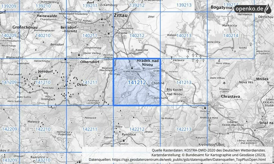 Übersichtskarte des KOSTRA-DWD-2020-Rasterfeldes Nr. 141212